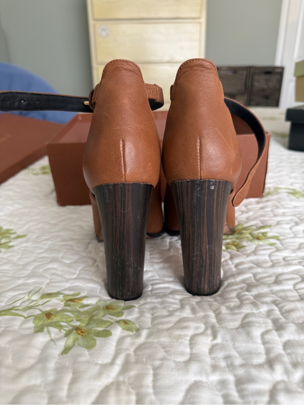 Leather Ankle-Strap Peep Toe Sandals in Cognac - Picture 3 of 7